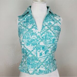 Lily Pulitzer Worth Ave Toile Print Sleeveless Wrap Top Size 10 W Collar